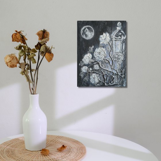 Moon. Lantern. White Roses.