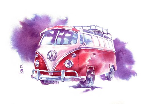 Watercolor sketch "Retro car" original illustration by Ksenia Selianko