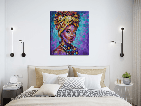 Portrait Multicolored Beads, painting african woman