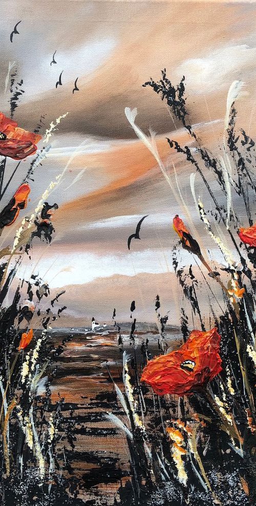 Orange poppies against an orange sky by Marja Brown
