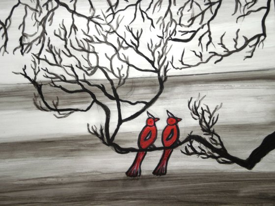 Rocking Robins Acrylic landscape painting on yupo paper