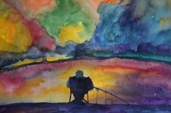 Fall watercolor painting Fisherman near autumn forest lake, Bratislava Slovakia