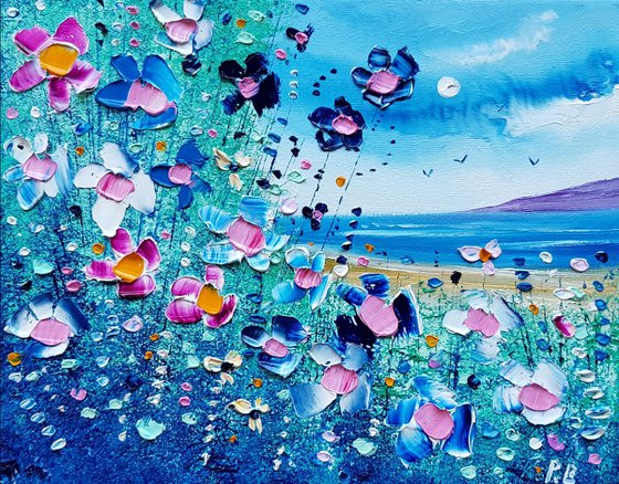 "Blue Beach & Meadow Flowers in Love"