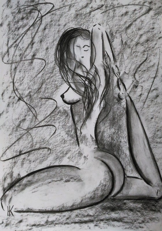 Nude Painting Yoga Girl Original Art Woman Nude Drawing Female Nude Charcoal Wall Art 13 by 18 inches