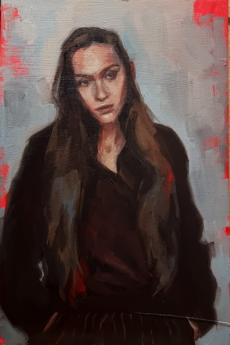 Expressive Portrait Oil Painting By Artmoods Tp, 9 X 13, Interlude 0125-02, Original Artwork