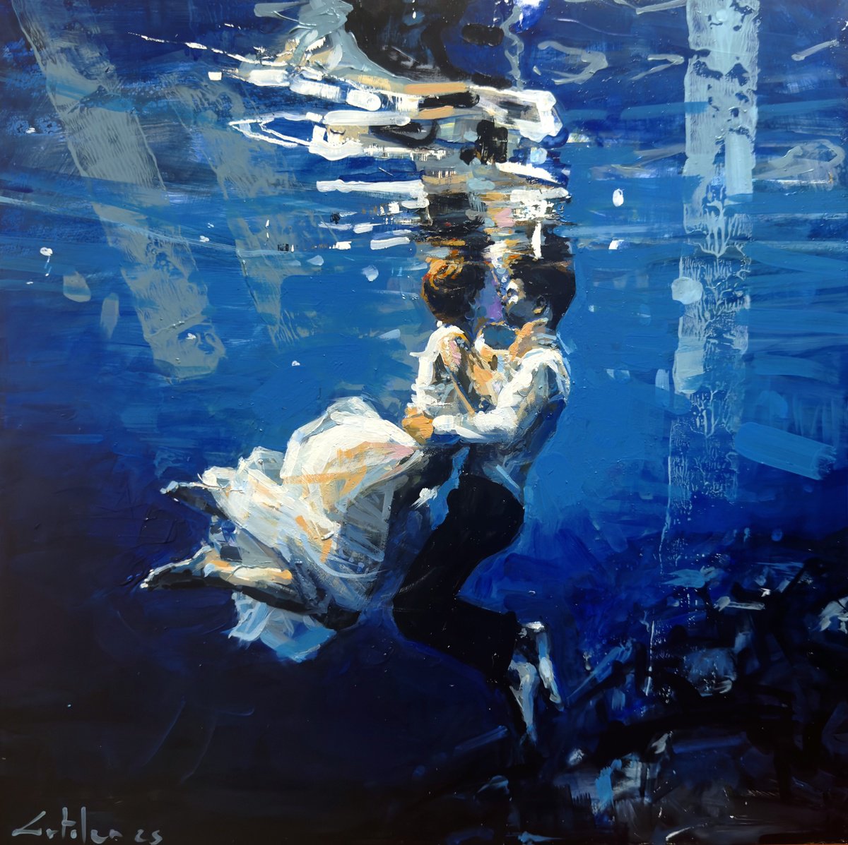 Impressionistic Portrait Oil Painting By Marco Ortolan, 17 X 17", Oceanic Love, Original Artwork