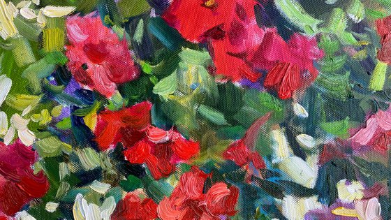 Red petunias and watermelon
