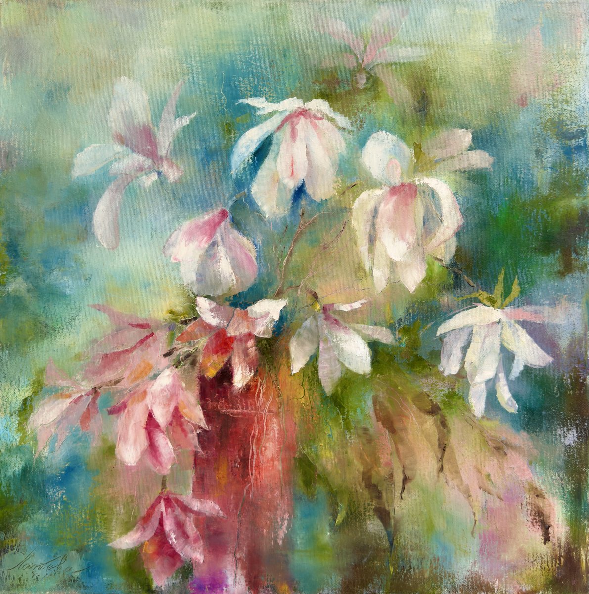 Botanical Oil Painting By Olha Laptieva, 20 X 20", Delicate Magnolia, Original Artwork