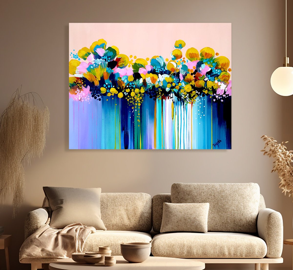 Abstract Acrylic Painting By Trayko Popov, 35 X 28", When The Day Begins, Original Artwork