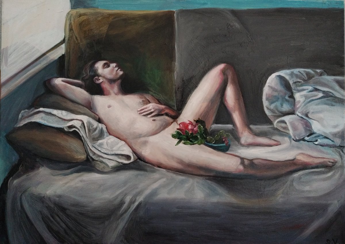 Portrait Oil Painting By Viktoria Deri, 28 X 20", Bed, Original Artwork