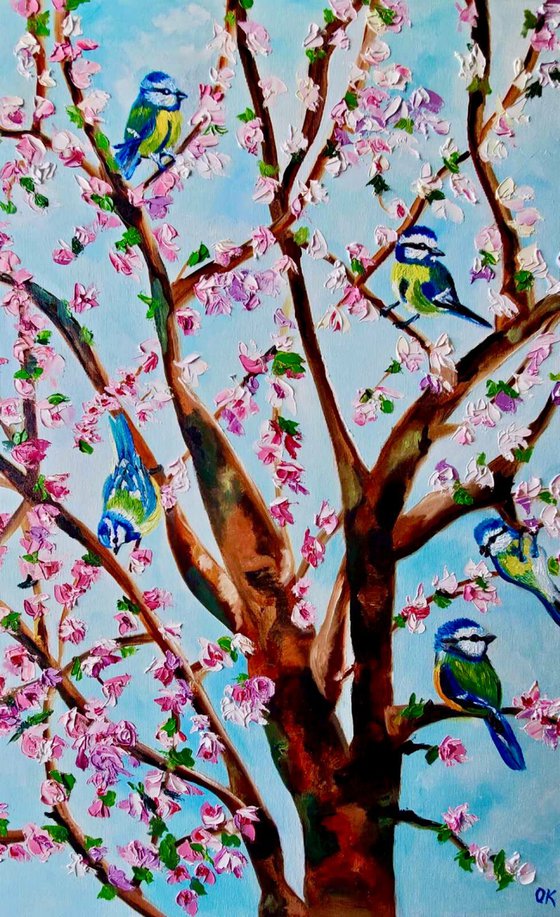 Apple tree in bloom with a flock of blue tits, spring in London, white, pink, turquoise 82 x 61 cm,  ready to hang oil painting