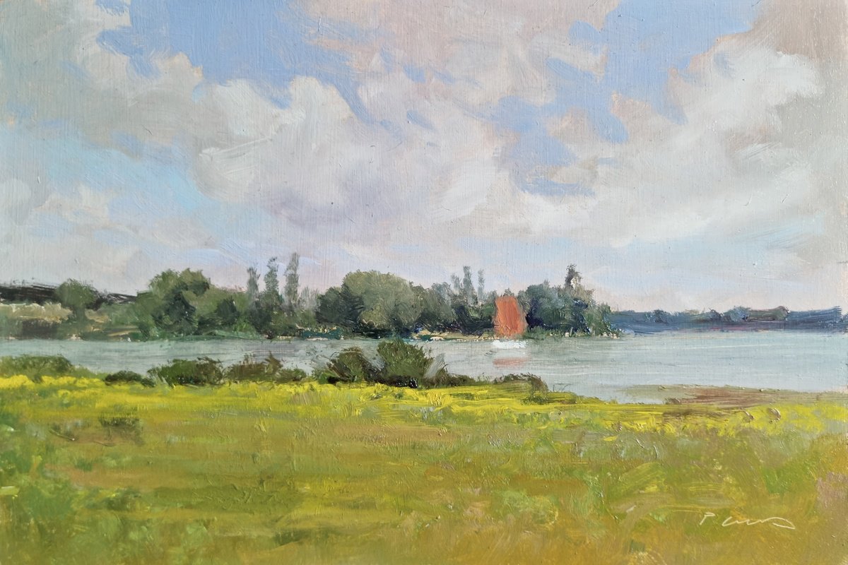 Impressionistic Landscape Oil Painting By Pascal Giroud, 12 X 8", Red Sail, Original Artwork