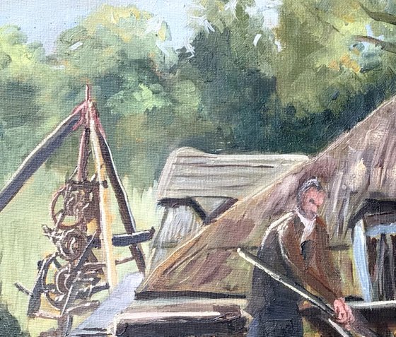 An ancient water powered sawmill. An original oil painting