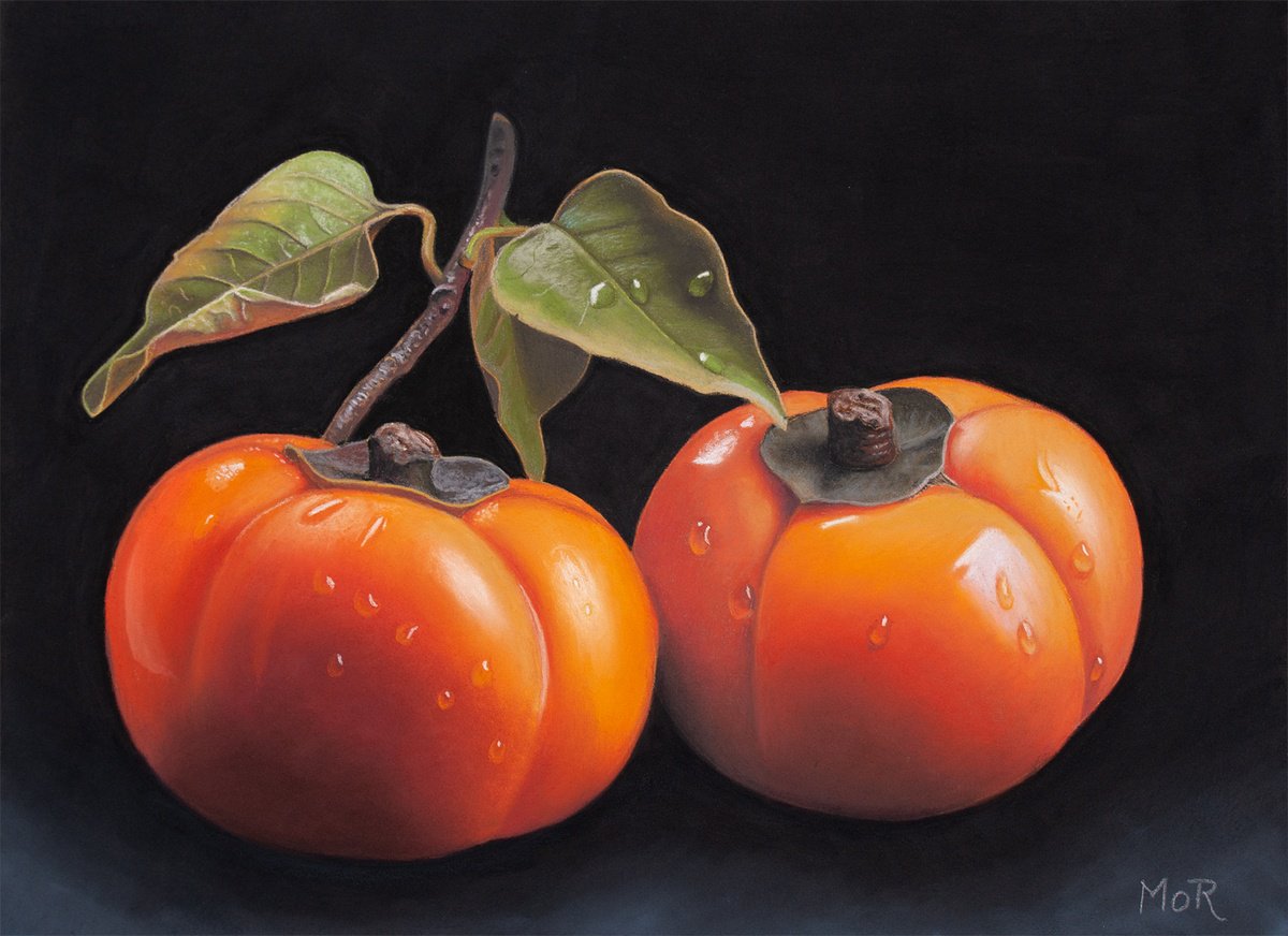 Photorealistic Still Life Pastel Drawing By Dietrich Moravec, 16 X 12, Persimmon Siblings, Original Artwork
