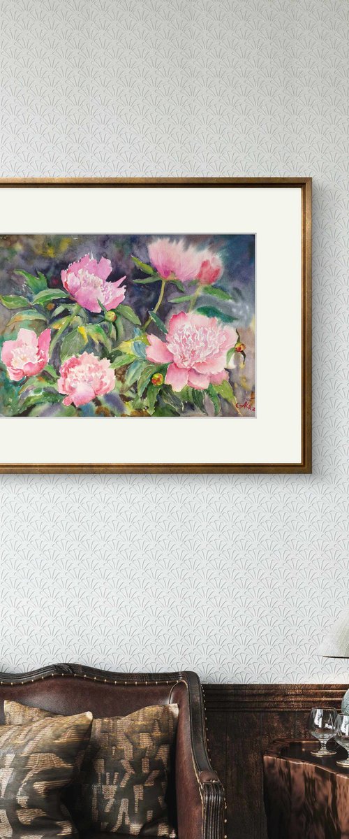 Pink Peonies in the Garden by Ann Krasikova