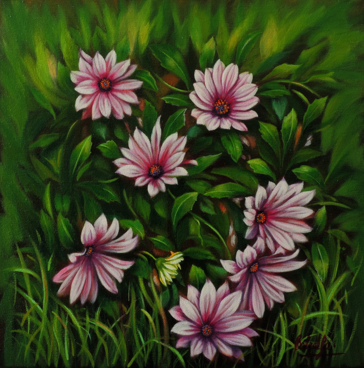 Photorealistic Botanical Acrylic Painting By Laura Cabral, 12 X 12", My Beautiful Flowers, Original Artwork