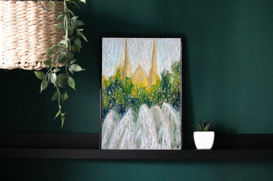 Fountain Original Painting, Mallorca Oil Pastel Painting, Europe City Drawing, Impressionist Wall Art