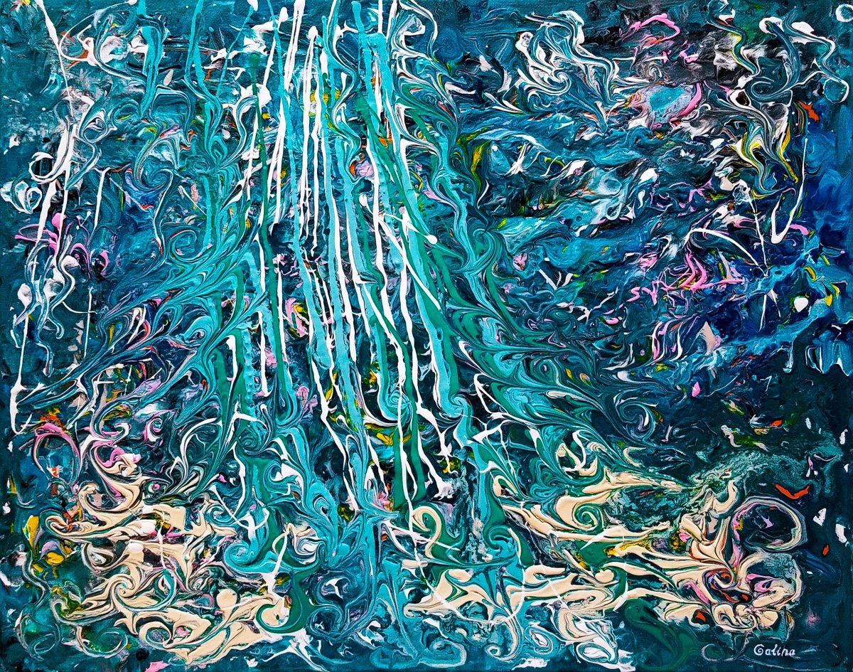 Expressive Abstract Acrylic Painting By Galina Victoria, 20 X 16, Surrealistic Rainforest Waterfall, Original Artwork