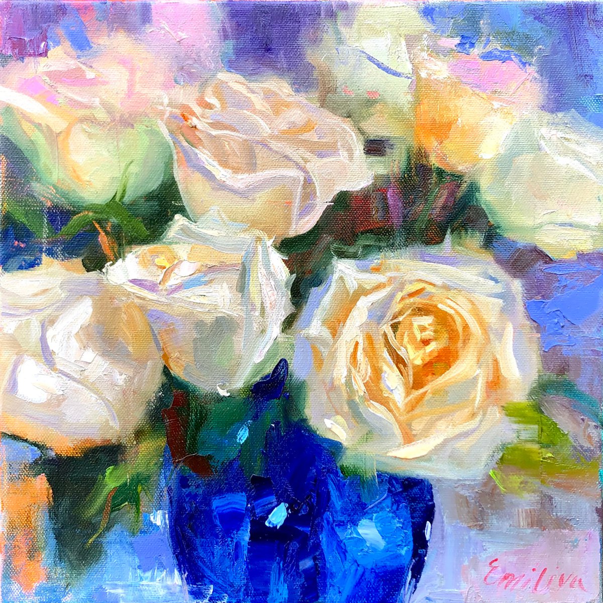 Blooming Rose Art White Roses Painting Original Oil On Canvas Impressionist Art Mothers Da... by Emiliya Lane