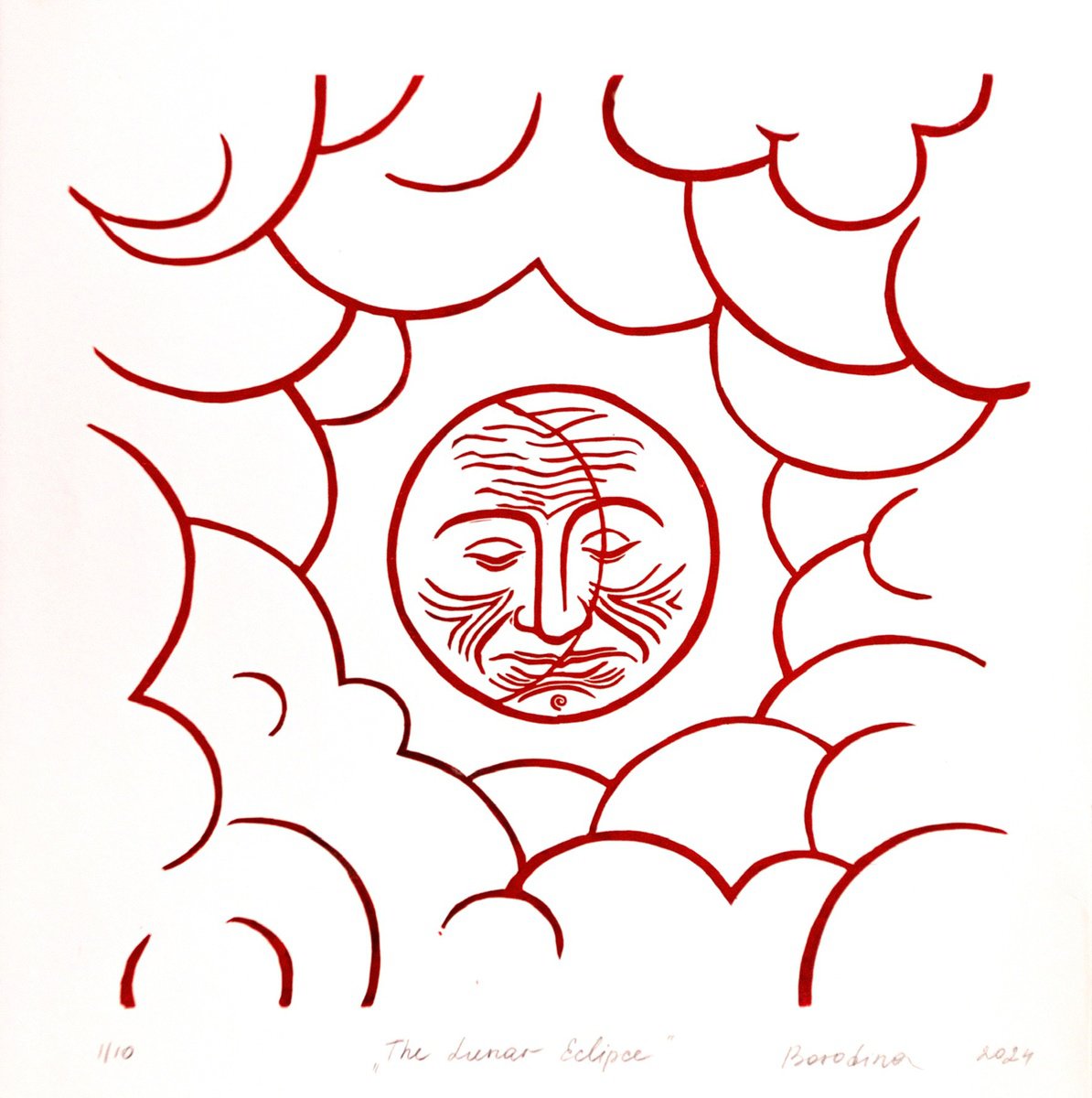 Landscape Linocut By Anastasia Borodina, 14 X 14, The Lunar Eclipse - Linocut Print, Original Artwork