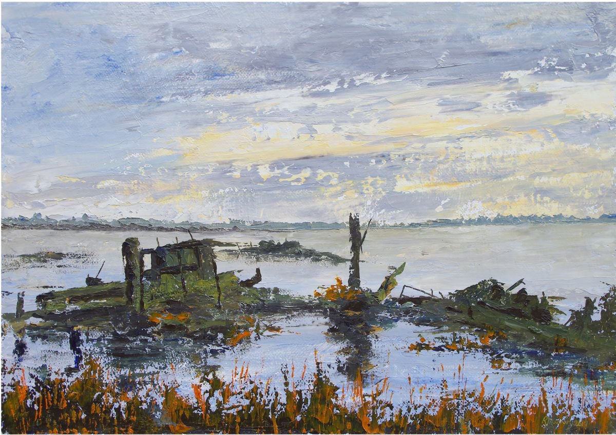 Abstract Landscape Oil Painting By Richard Manning, 22 X 14", Another Diminished Barge, Original Artwork