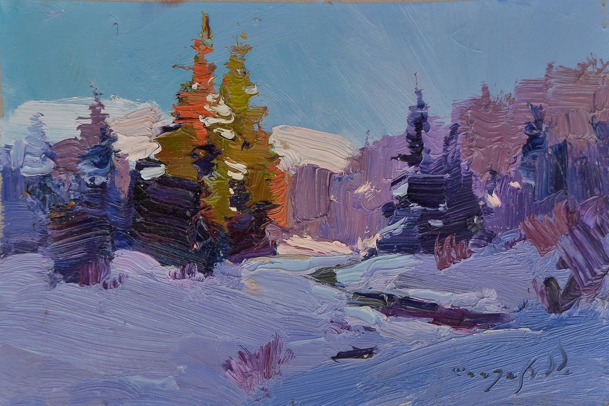 Impressionistic Landscape Oil Painting By Alexander Shandor, 11 X 7, Snow Carpathian, Original Artwork