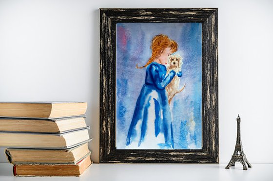 Girl and Dog Painting Portrait Original Art Girl and Puppy Small Watercolor Artwork Home Wall Art 8 by 12" by Halyna Kirichenko