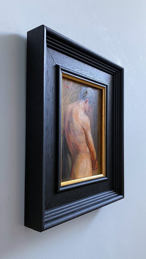 Old Master style male nude figure oil painting, with wooden frame.