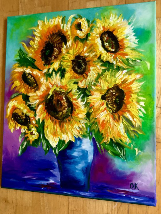 BOUQUET OF SUNFLOWERS inspired by VINCENT VAN GOGH . palette knife modern  oil still life painting on blue purple pink yellow Dutch style office home decor gift