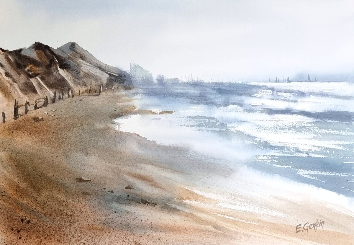 Impressionistic Landscape Watercolour By Elena Genkin, 16 X 12, Seascape With Beach And Mountains, Original Artwork