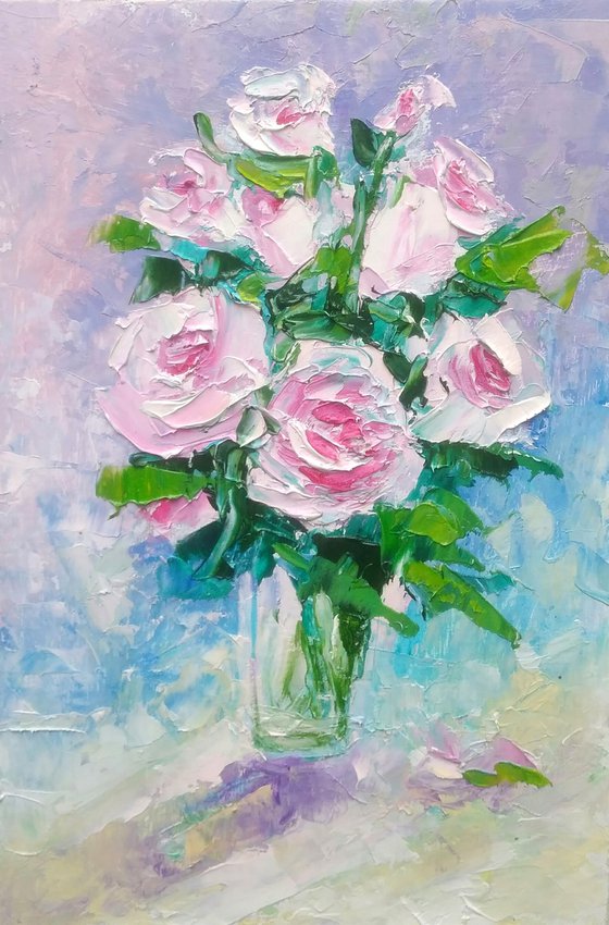 Pink Rose Painting Original Art Small Bouquet Artwork Flower Wall Art Floral Mini Oil Painting