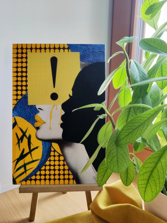 "Attention!" - mixed media collage acrylic painting girl yellow tears