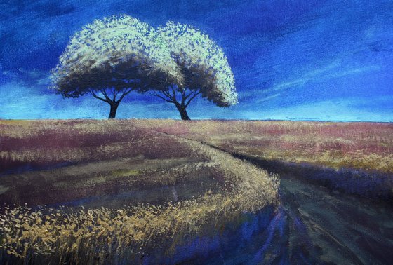 '2 Trees at Daybreak' Sunrise, Landscape Oil Painting.