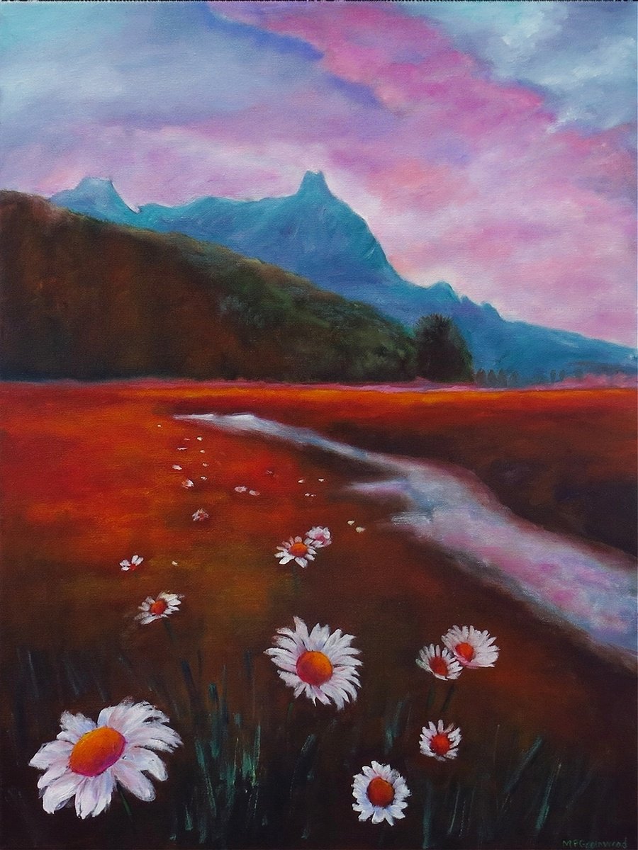 Impressionistic Landscape Oil Painting By Maureen Greenwood, 18 X 24", Daisies In The Landscape, Original Artwork