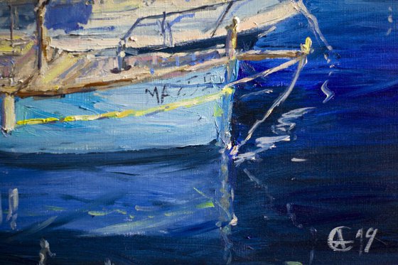 Marseille. Original oil painting. Small size france harbor sea blue seascape boats yacht nature travel summer reflection trip decor impressionism impressionistic detail city provence