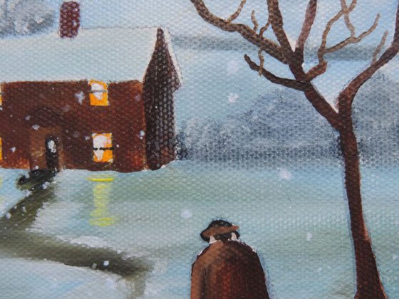 Winter walk going home art oil painting on canvas