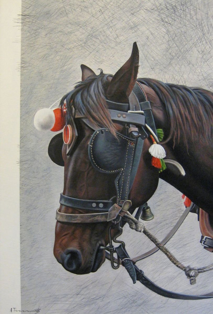 Photorealistic Animal Oil Painting By Alexander Titorenkov, 24 X 35, Horse Head With Blinkers, Original Artwork