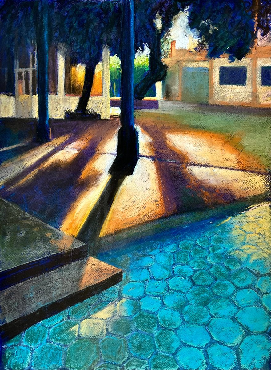 Impressionistic Pastel Drawing , Courtyard Sunset By John Cottee, 22 X 30, Artwork For Sale On Artfinder