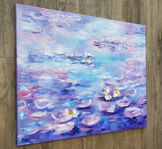 Water Lilies  (81x 66 cm ) inspired by Claude Monet  sunrise in a garden in purple, turquoise, blue sky