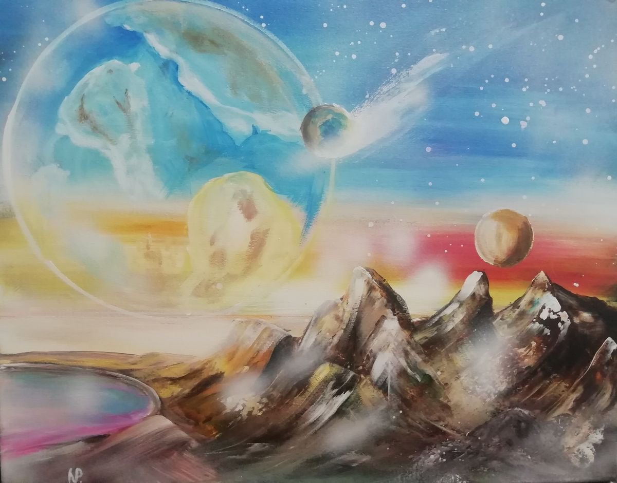 The mystery of Universe, original planet painting, another world, gift idea, wall art by Nataliia Plakhotnyk