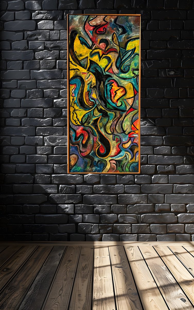 Abstract Oil Painting By Jg Wilson, 20 X 44, Waves Of Color, Original Artwork