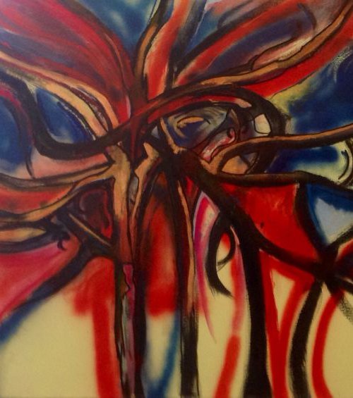 Red and blue trees by Linda Collins Lamb