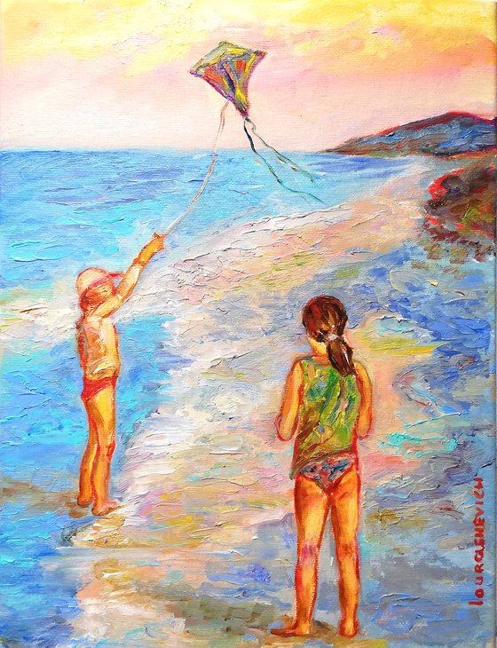 "Two Girls with a Kite" Original Oil Artwork 7 by 10" (18x24cm)