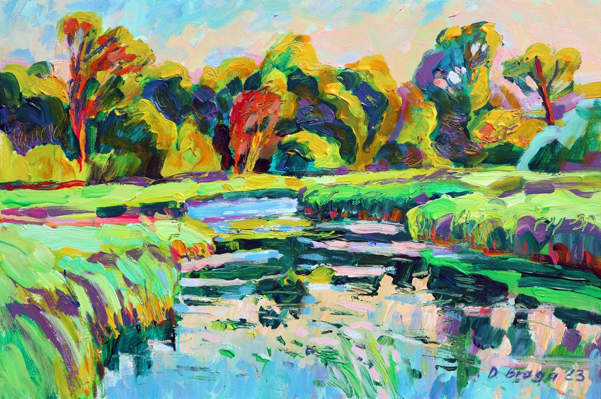 Expressive Landscape Acrylic Painting By Dima Braga, 24 X 16, Slow Water, Summer Evening (Plein Air), Original Artwork