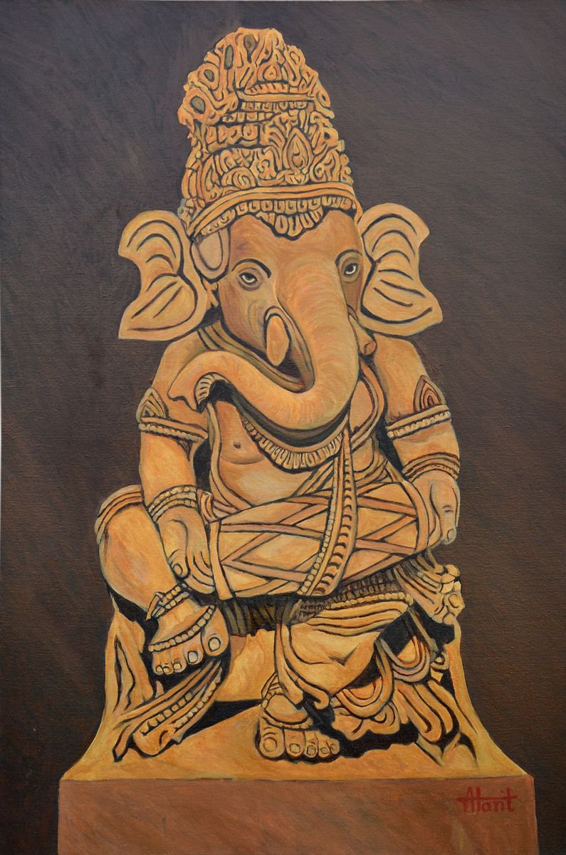 Expressive Portrait Oil Painting By Ajay Harit, 24 X 36, Ganesha With Drums, Original Artwork