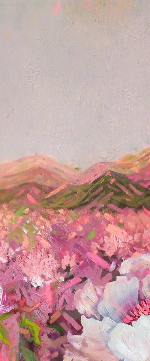 Blooming Field near the Mountains by Ekaterina Prisich