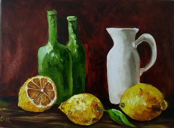 2 Bottles, jar and lemons.  Still life. Palette knife painting on linen canvas