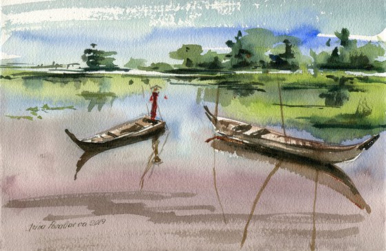 Chinese boats original watercolor painting with boats, small size, decor for small spaces