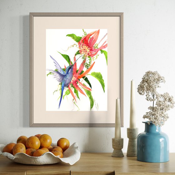 Hummingbird and Red Flowers