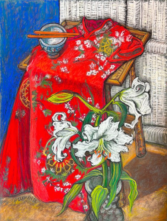 WHITE LILIES AND RED KIMONO